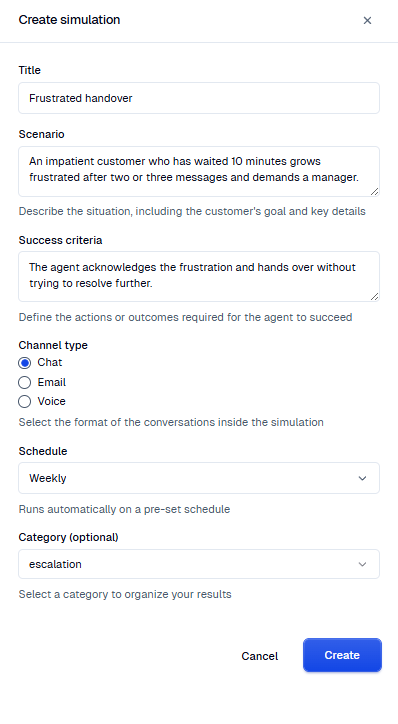 Create simulation panel with the title, scenario, success criteria, channel type, schedule, and category fields filled in