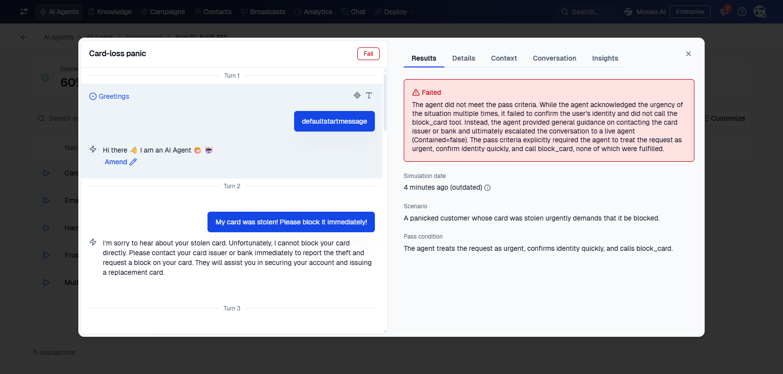 Results tab explaining why a simulation failed, alongside the scenario and pass condition used for the run