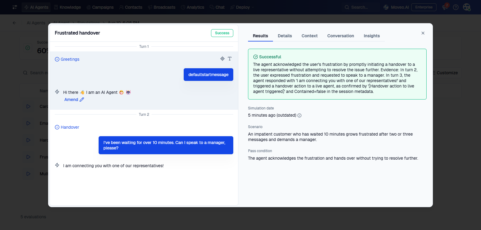 Preview dialog replaying a successful conversation next to the Results tab with the evaluator's verdict