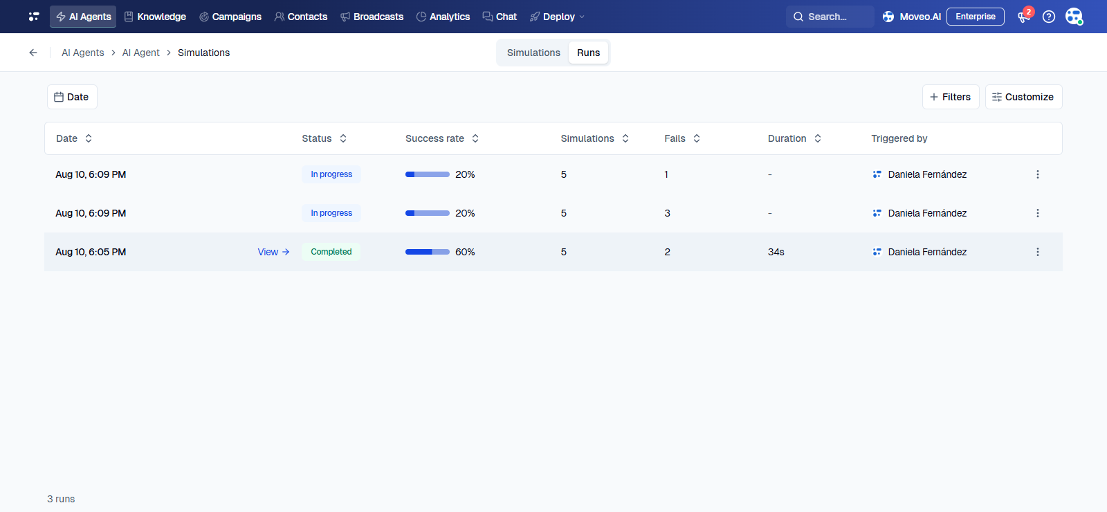 Runs tab listing runs with their status, success rate, number of simulations, failures, and duration