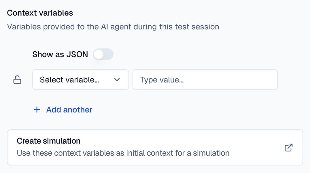 Context tab in Try It, with the Create simulation card below the context variables