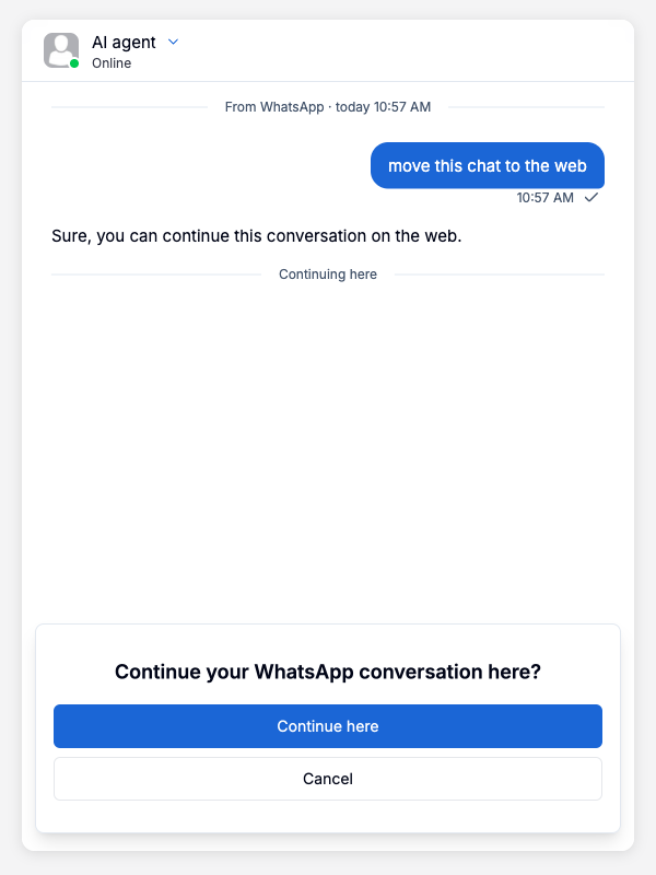 The web chat asks the user to continue the WhatsApp conversation