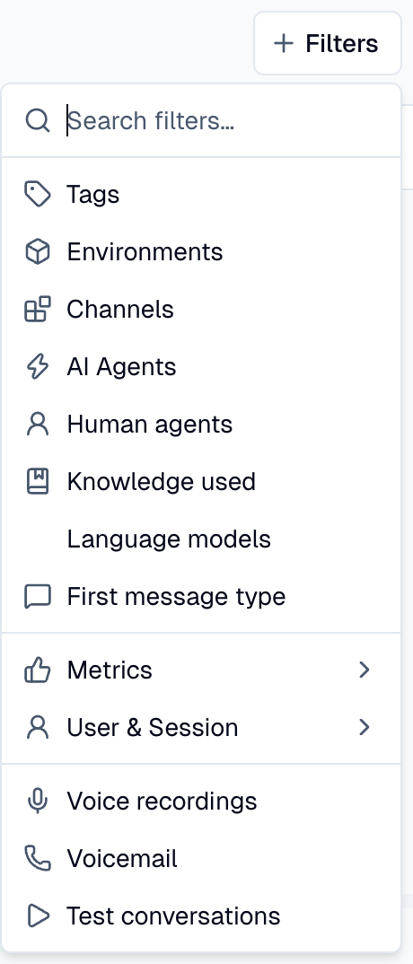 Filters menu on the Conversations page, with Human agents after AI Agents