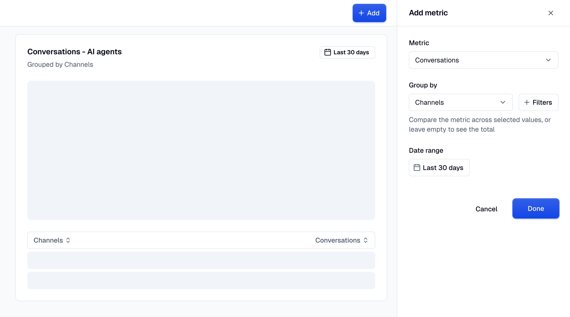 The Add metric panel next to the Metric preview card