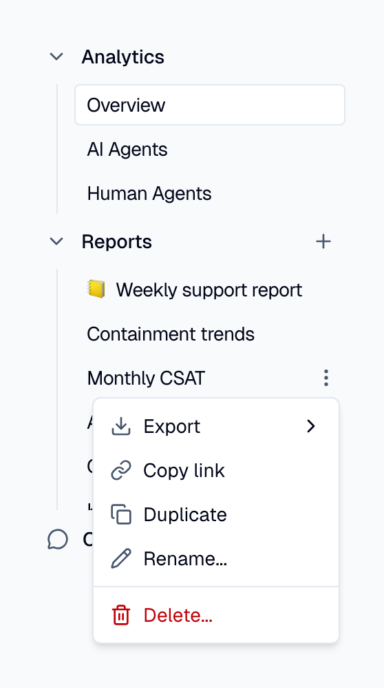 The options menu of a report with Export, Copy link, Duplicate, Rename and Delete