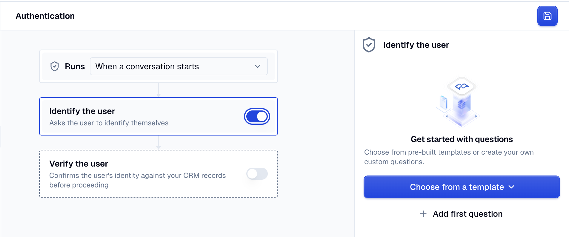 Identify the user card with the toggle turned on and an empty question list.