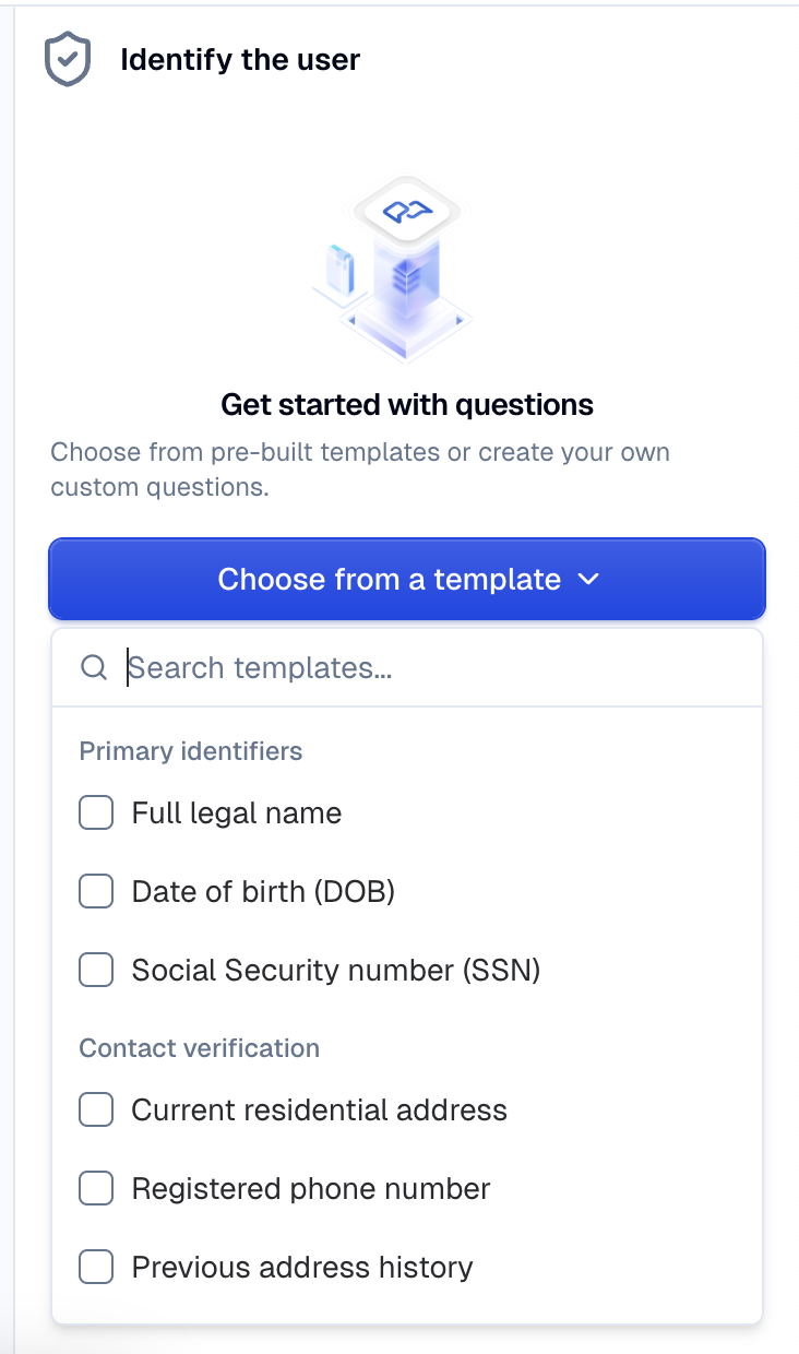 Template picker modal with the Primary identifiers category expanded, showing Full legal name, Date of birth, and Social Security number.