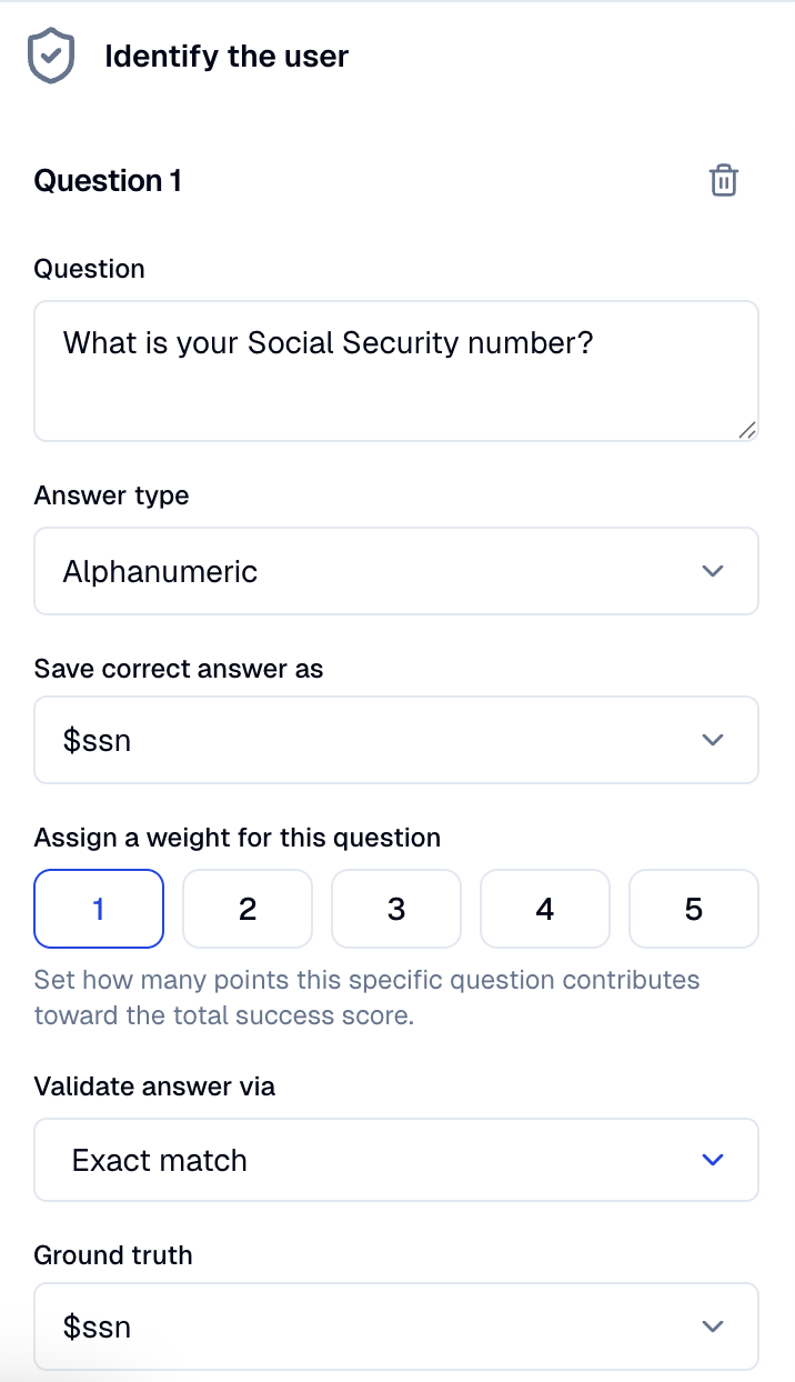 A single question expanded showing Question text, Answer type, Save correct answer as, weight, and Validate answer via fields.