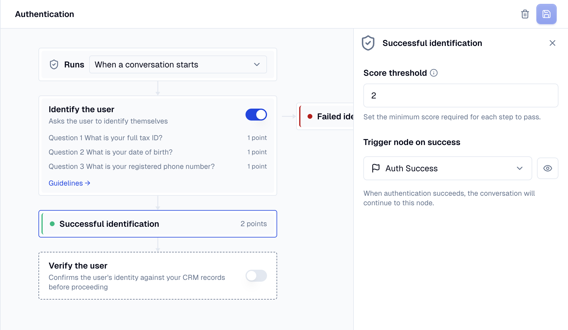 Successful identification panel with the Score threshold field and the threshold-exceeds-available-points warning.