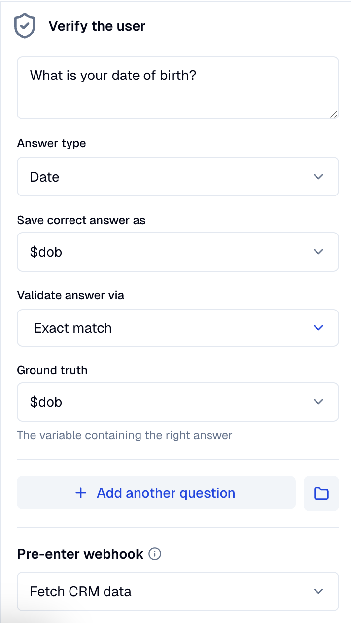 Verification step's Pre-enter webhook dropdown open with a Fetch CRM data webhook selected.