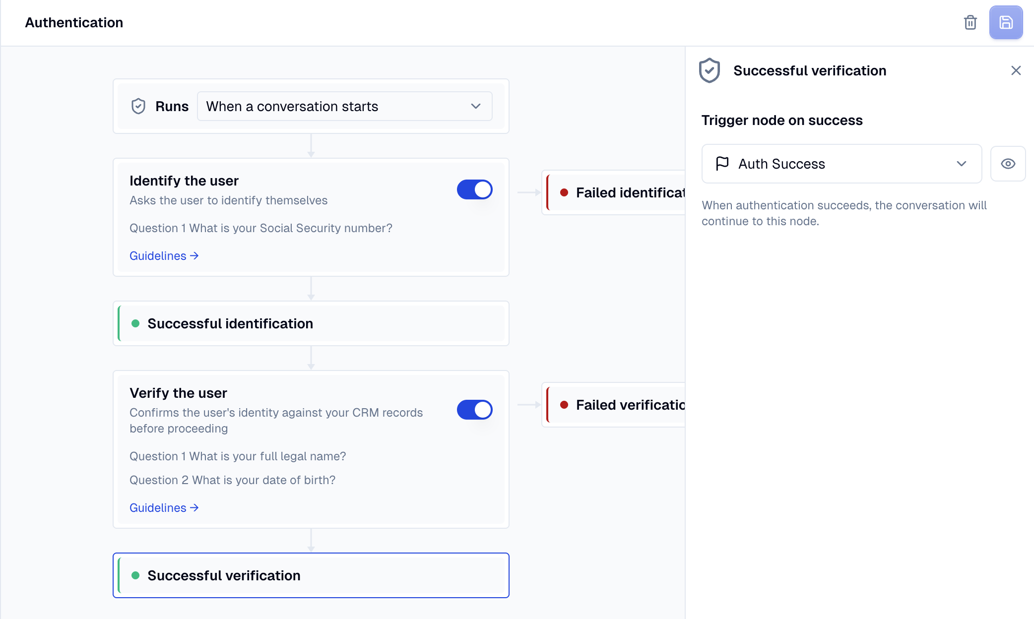 Success panel with the Trigger node on success autocomplete open and a dialog node selected.