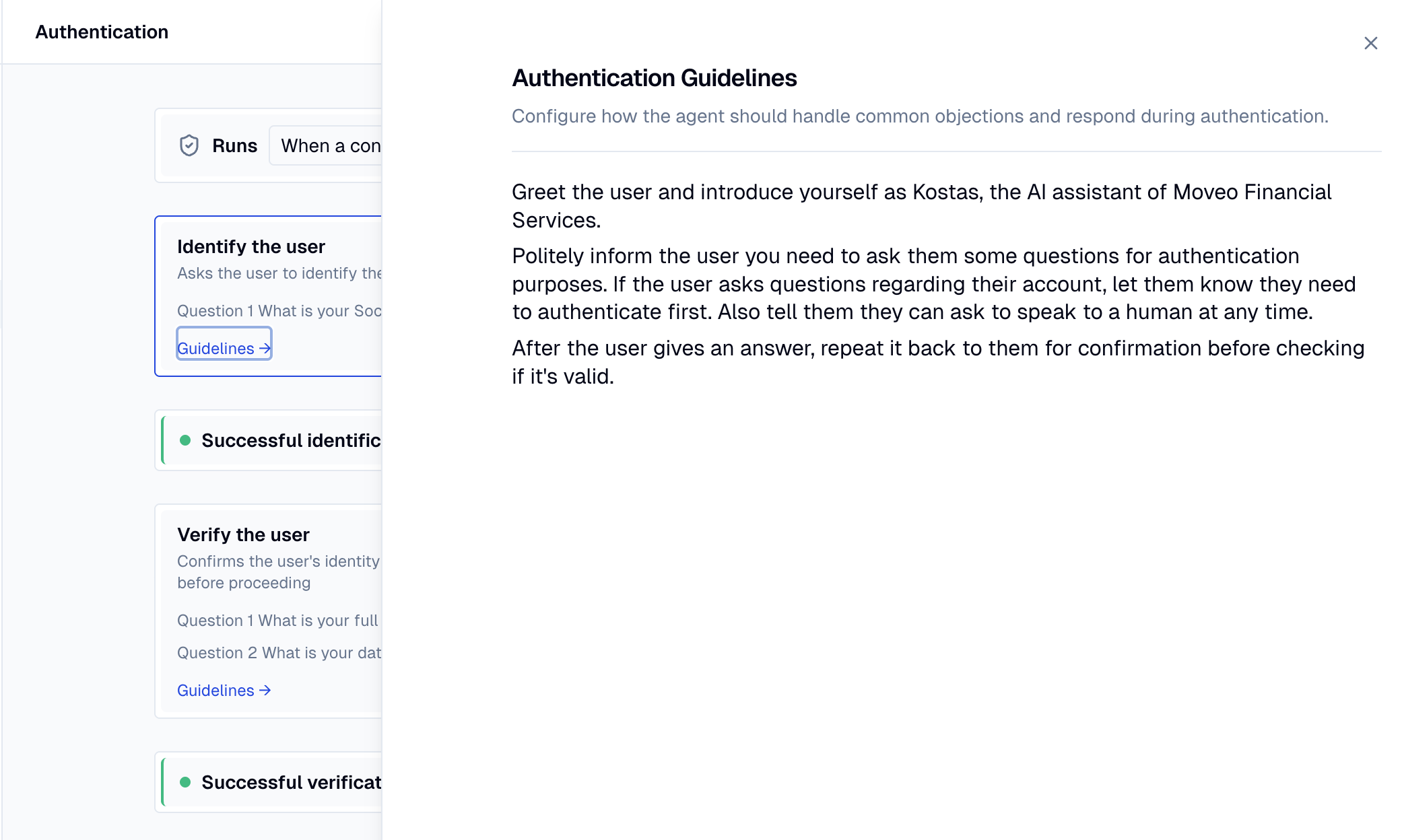 Right-side Guidelines drawer with the rich text editor open, showing a sample greeting and an objection-handling block.