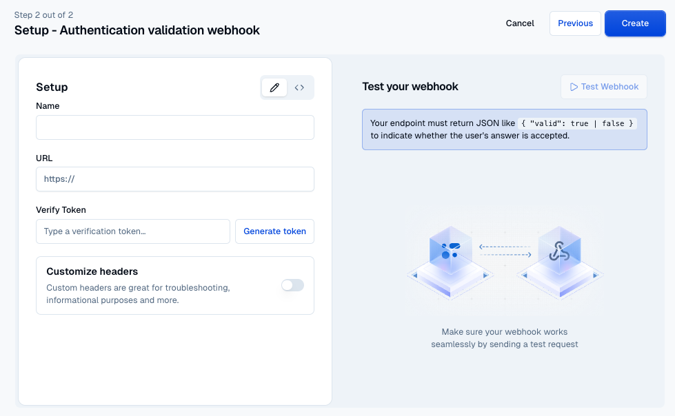 Webhook wizard step 2 for an Authentication validation webhook, with the inline help block showing the expected JSON response shape.