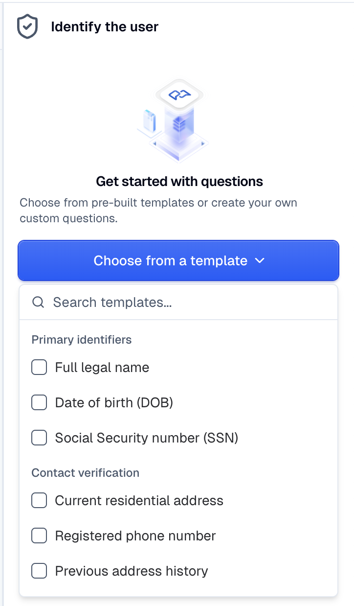 Template picker modal with the Primary identifiers category expanded, showing Full legal name, Date of birth, and Social Security number.