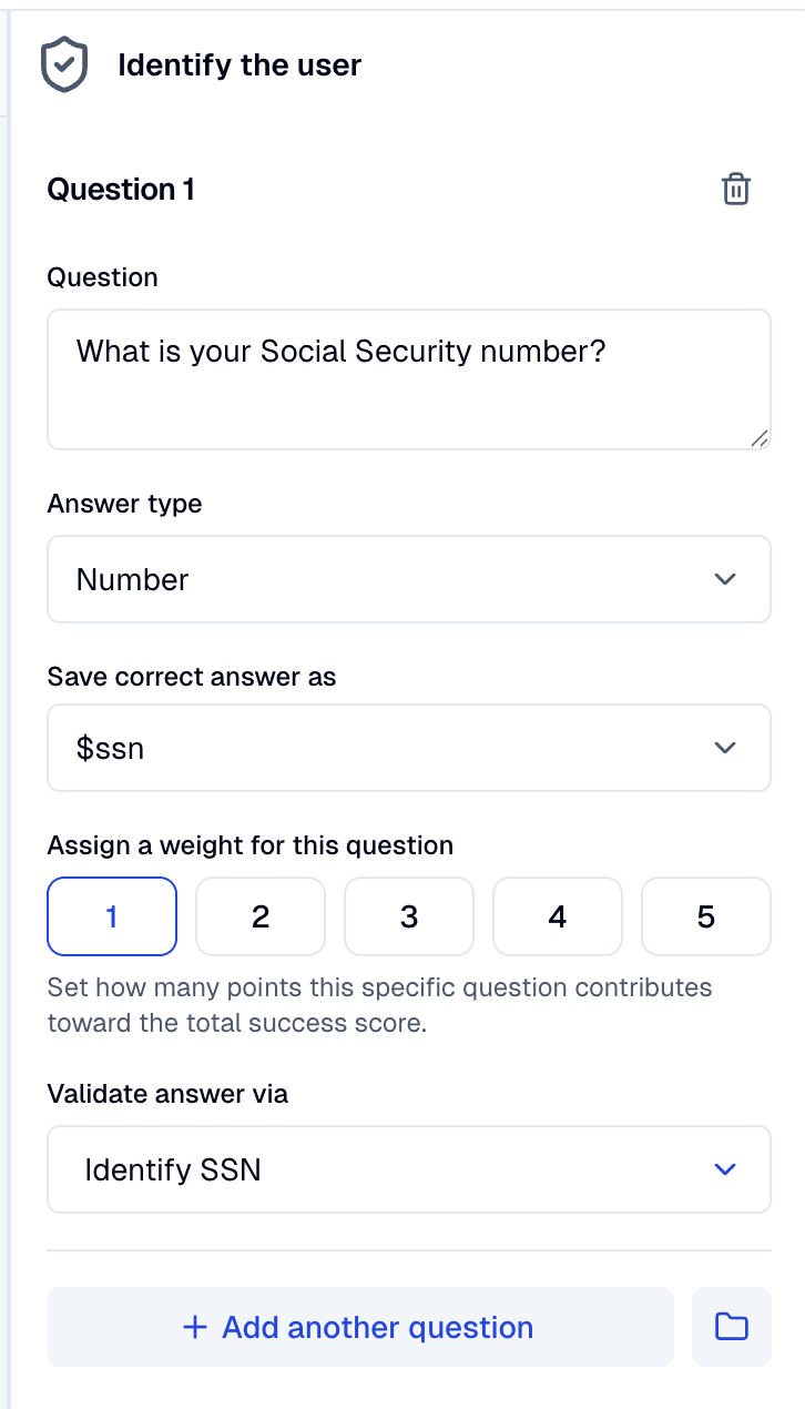 A single question expanded showing Question text, Answer type, Save correct answer as, weight, and Validate answer via fields.