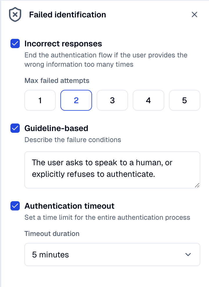 Failed identification panel with the three independent failure toggles all expanded: Incorrect responses, Guideline-based, and Authentication timeout.
