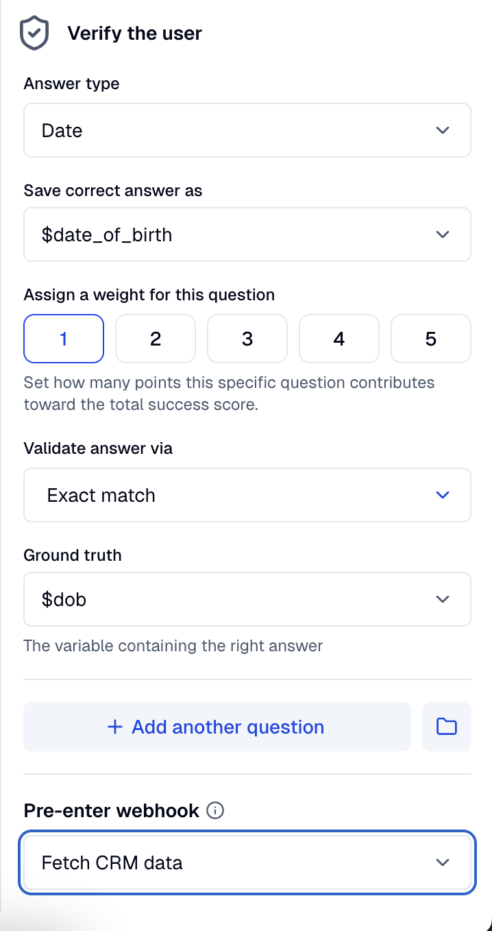 The Verify the user panel with the Fetch CRM data pre-enter webhook selected.