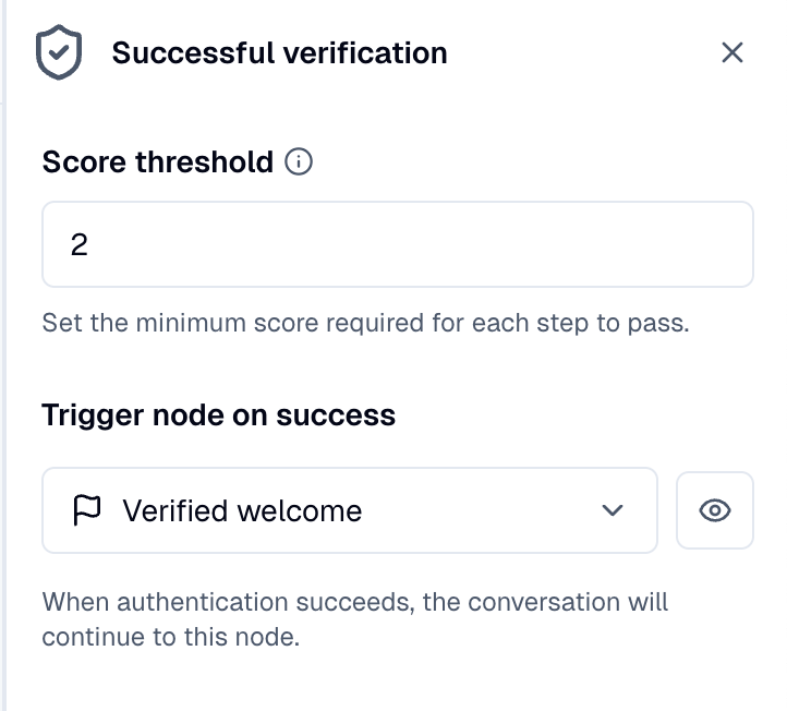 Successful verification panel with a dialog node selected as the Trigger node on success.