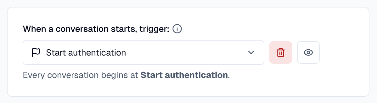 The AI Agent Settings conversation start card with the node containing the Authentication action selected.
