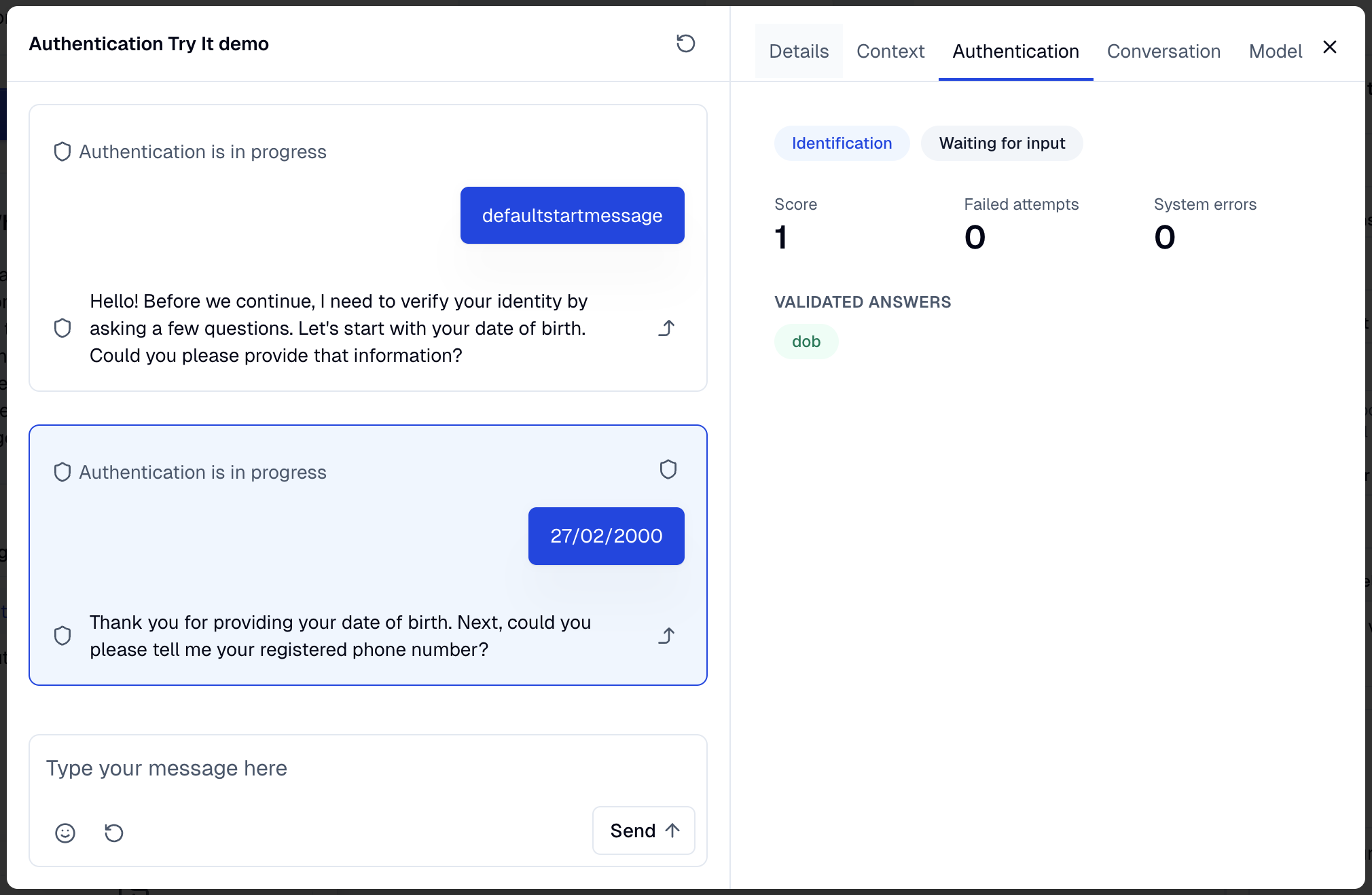 Try It panel during an authentication run showing the current step, status badge, score, attempts, and validated variable keys.