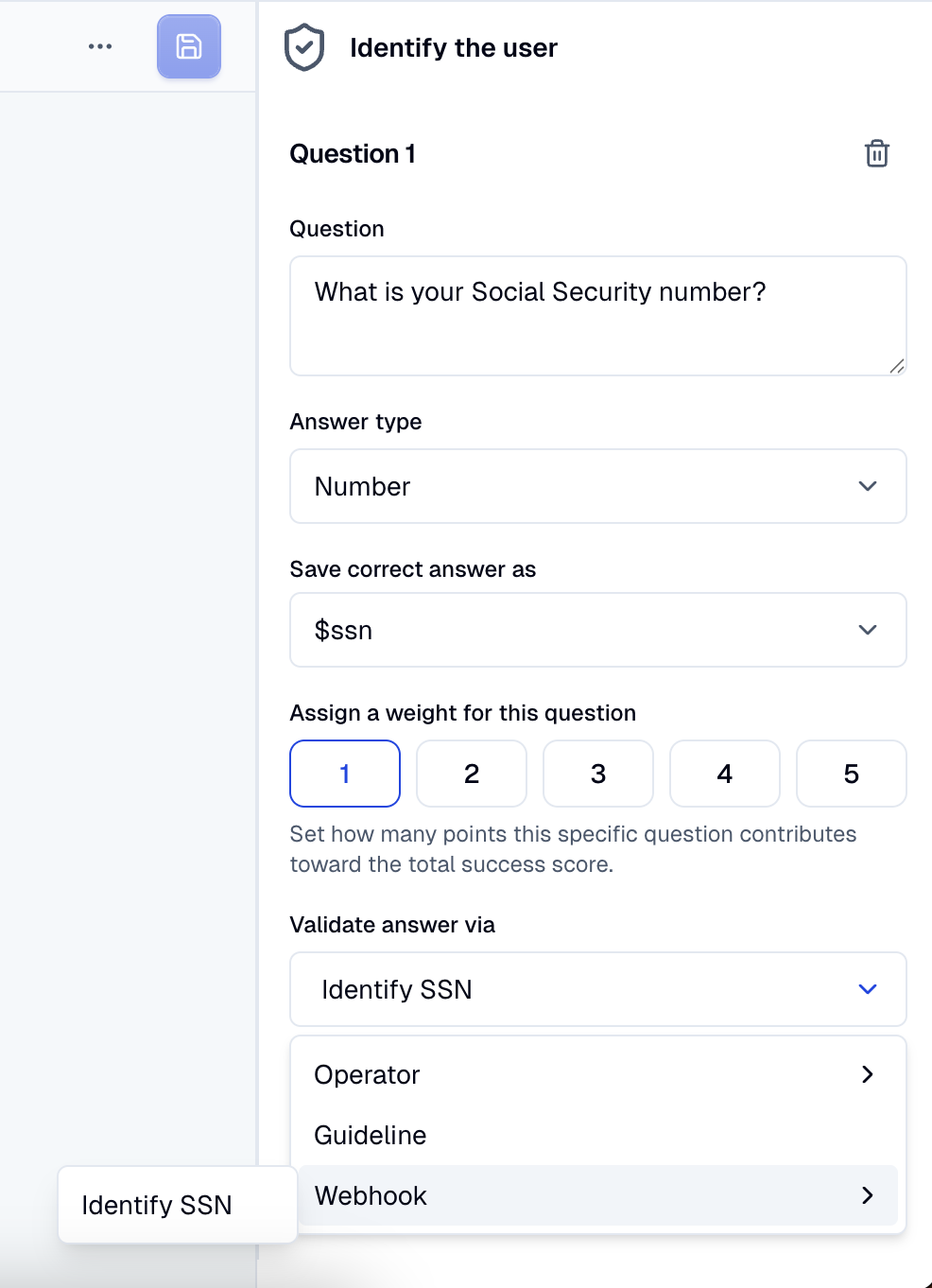 A question with Validation method set to Webhook and the validation webhook dropdown open, listing only auth_validation webhooks.