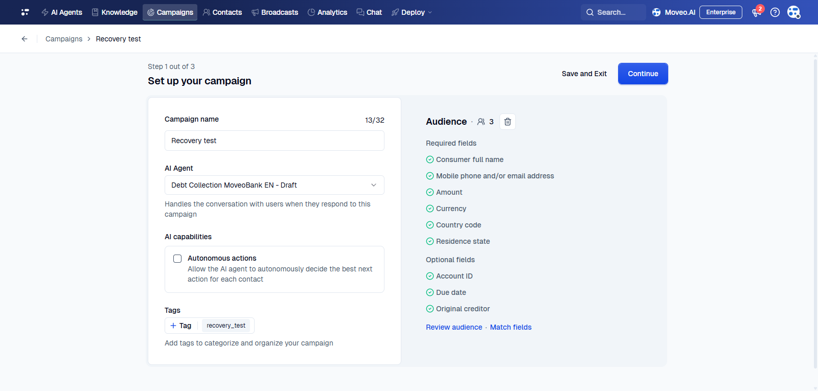The payment recovery setup step, with the campaign form on the left and the Audience panel on the right listing every required and optional field as matched.