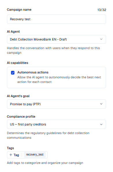 The payment recovery setup form with Autonomous actions selected, showing the AI Agent's goal and Compliance profile dropdowns that appear underneath.