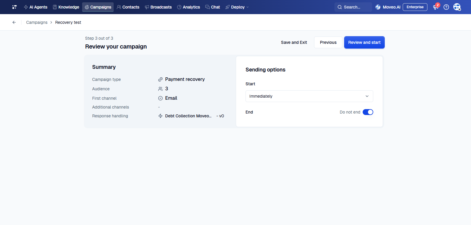 The review step of a payment recovery campaign, with the Summary panel on the left and the Sending options panel on the right.