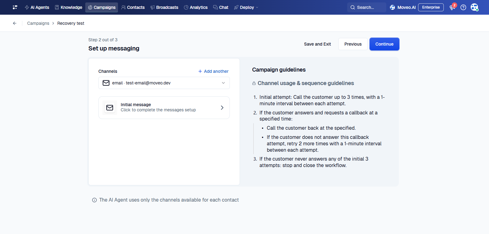 The messaging step of an agentic payment recovery campaign, with the channel list and initial message on the left and the read-only campaign guidelines on the right.
