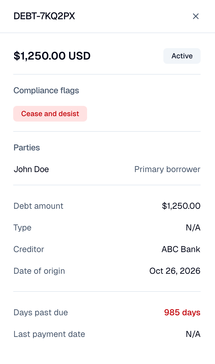 The detail panel of a debt with a Cease and desist compliance flag and a primary borrower