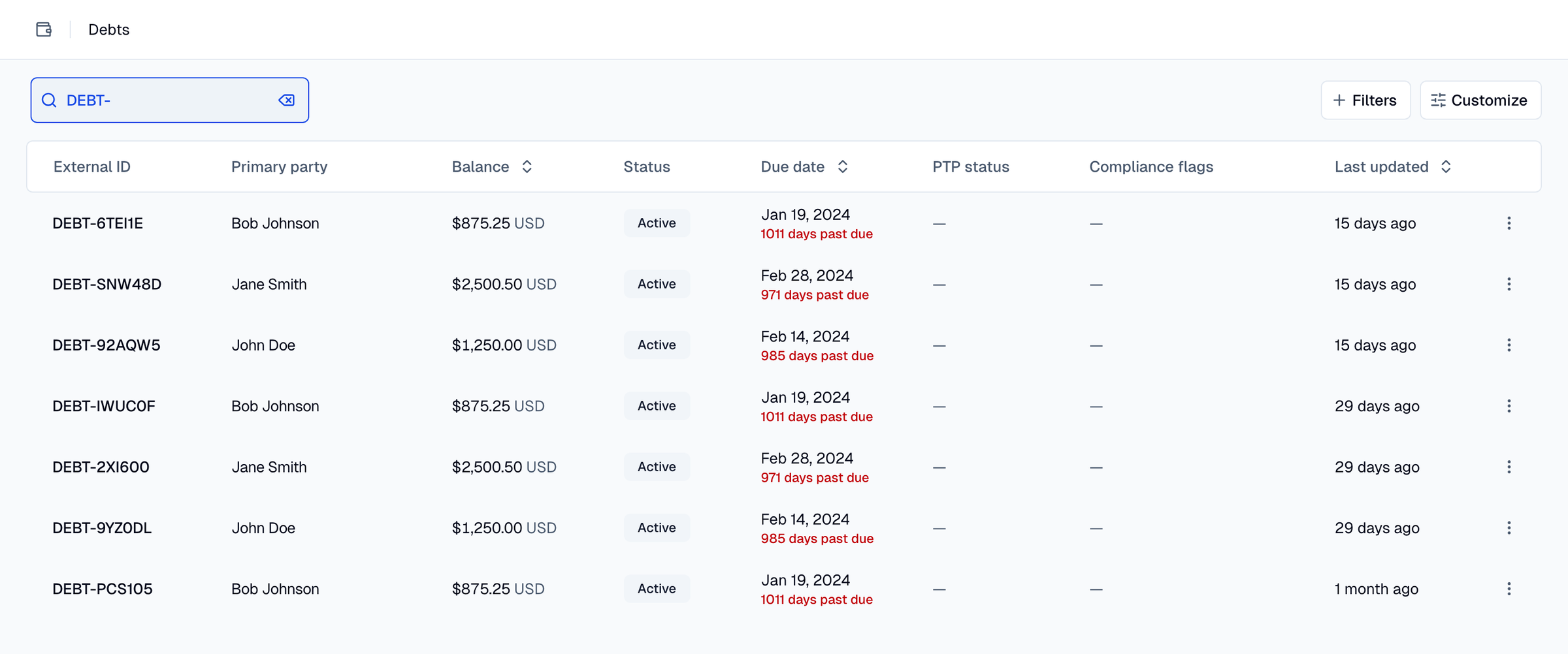 The Debts page with a search and the default columns