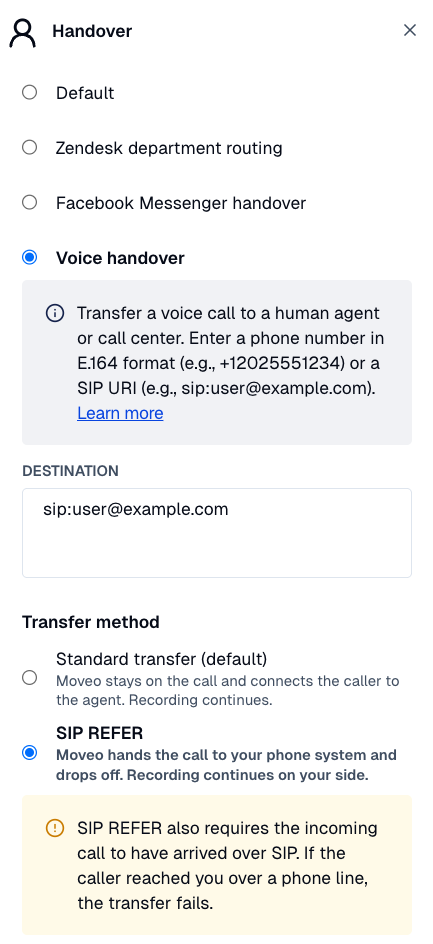 Voice handover with SIP REFER selected