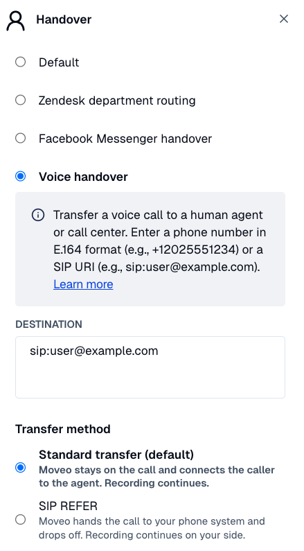 Voice handover with Standard transfer selected