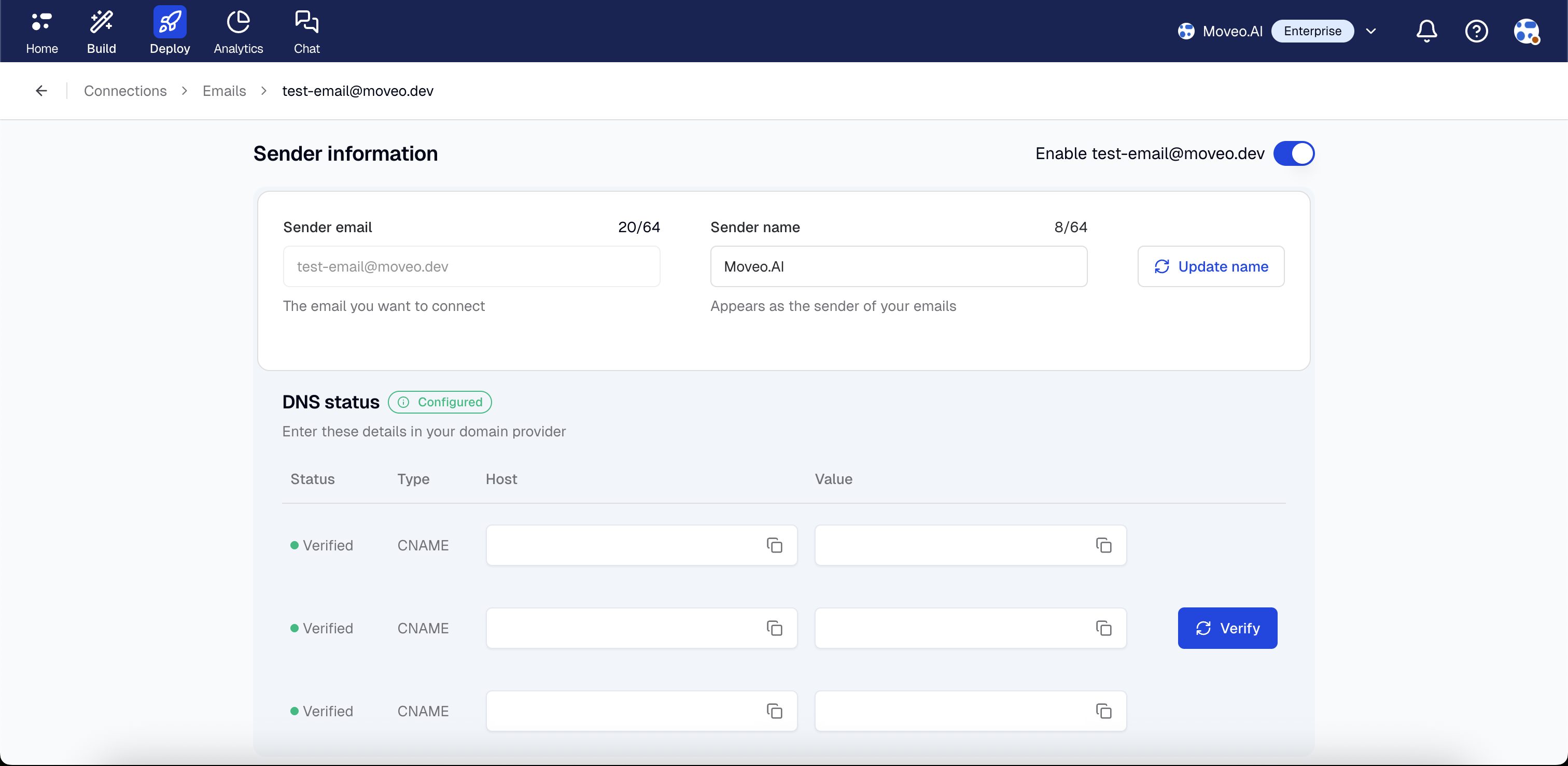 DNS configuration and status in Moveo