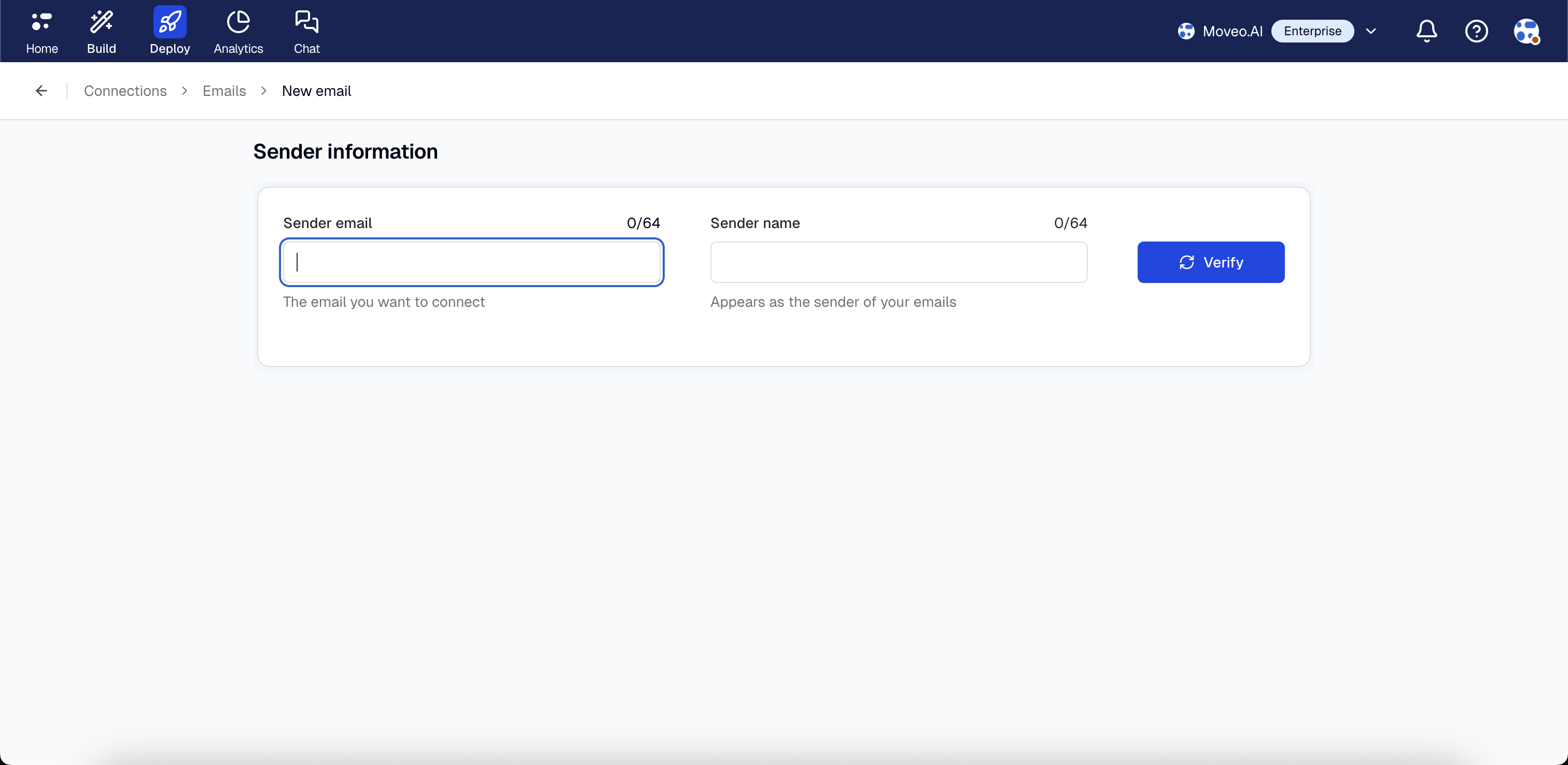 Sender information form in Moveo