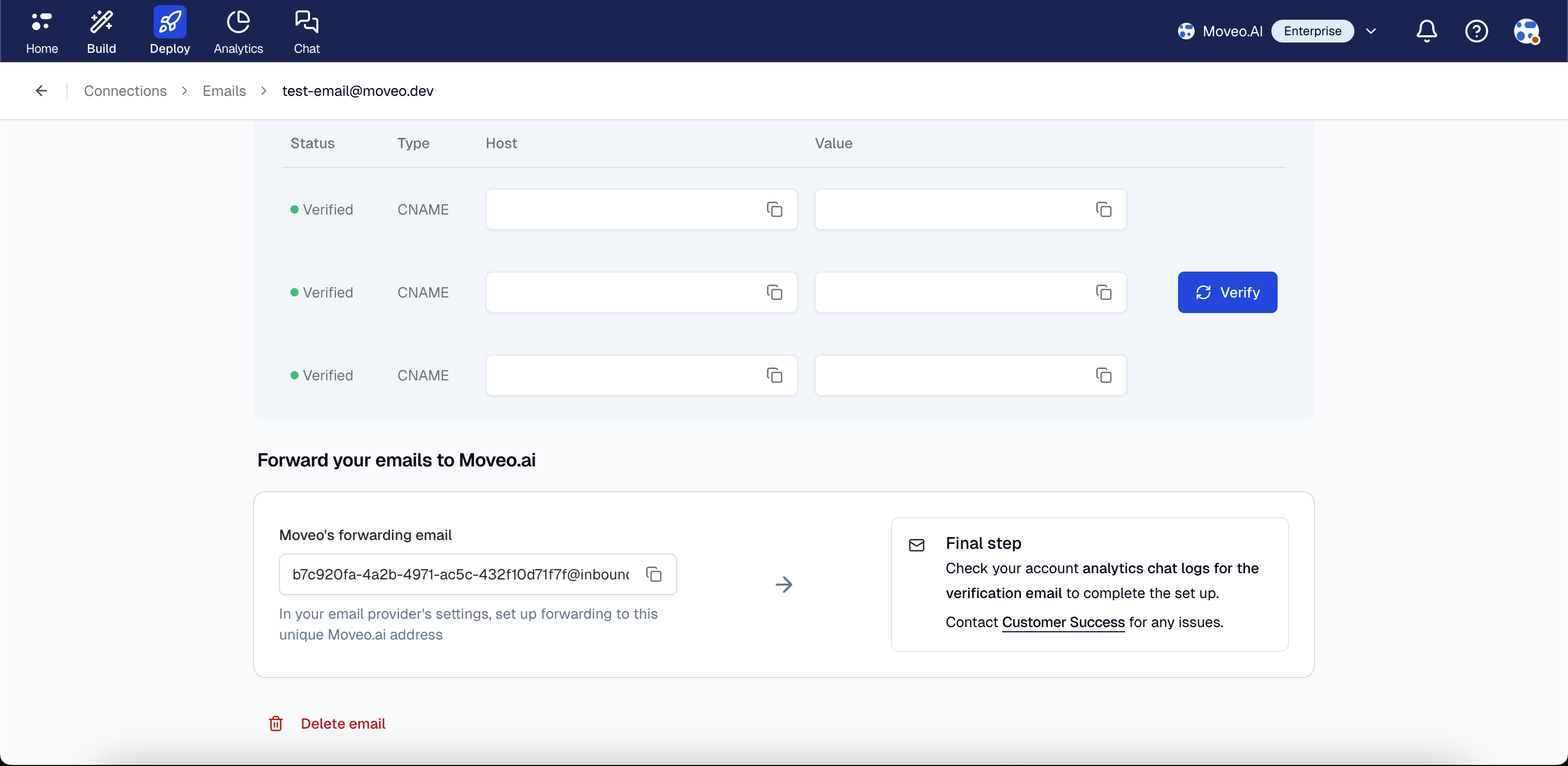 Moveo email forwarding details and final steps