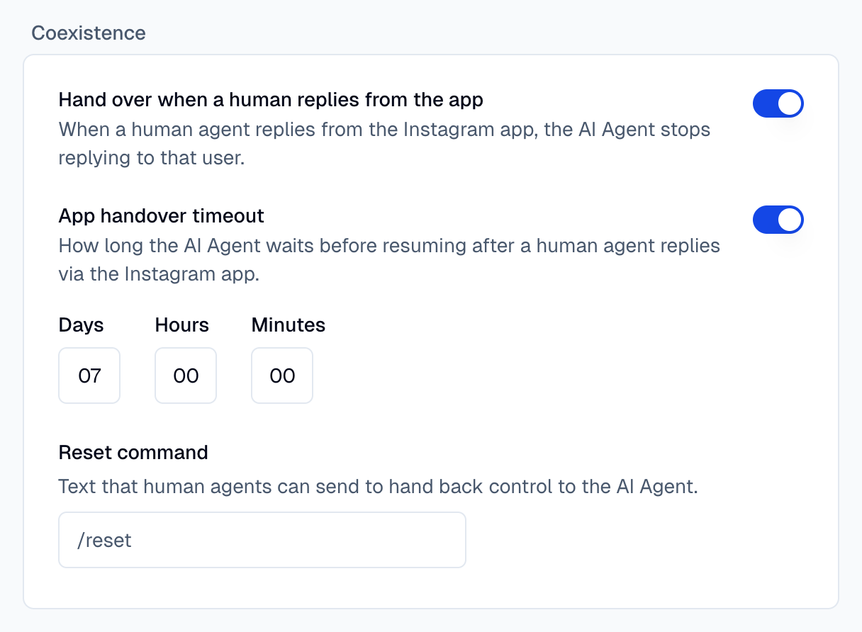 Coexistence card with the app handover on, a 7-day timeout, and the /reset command