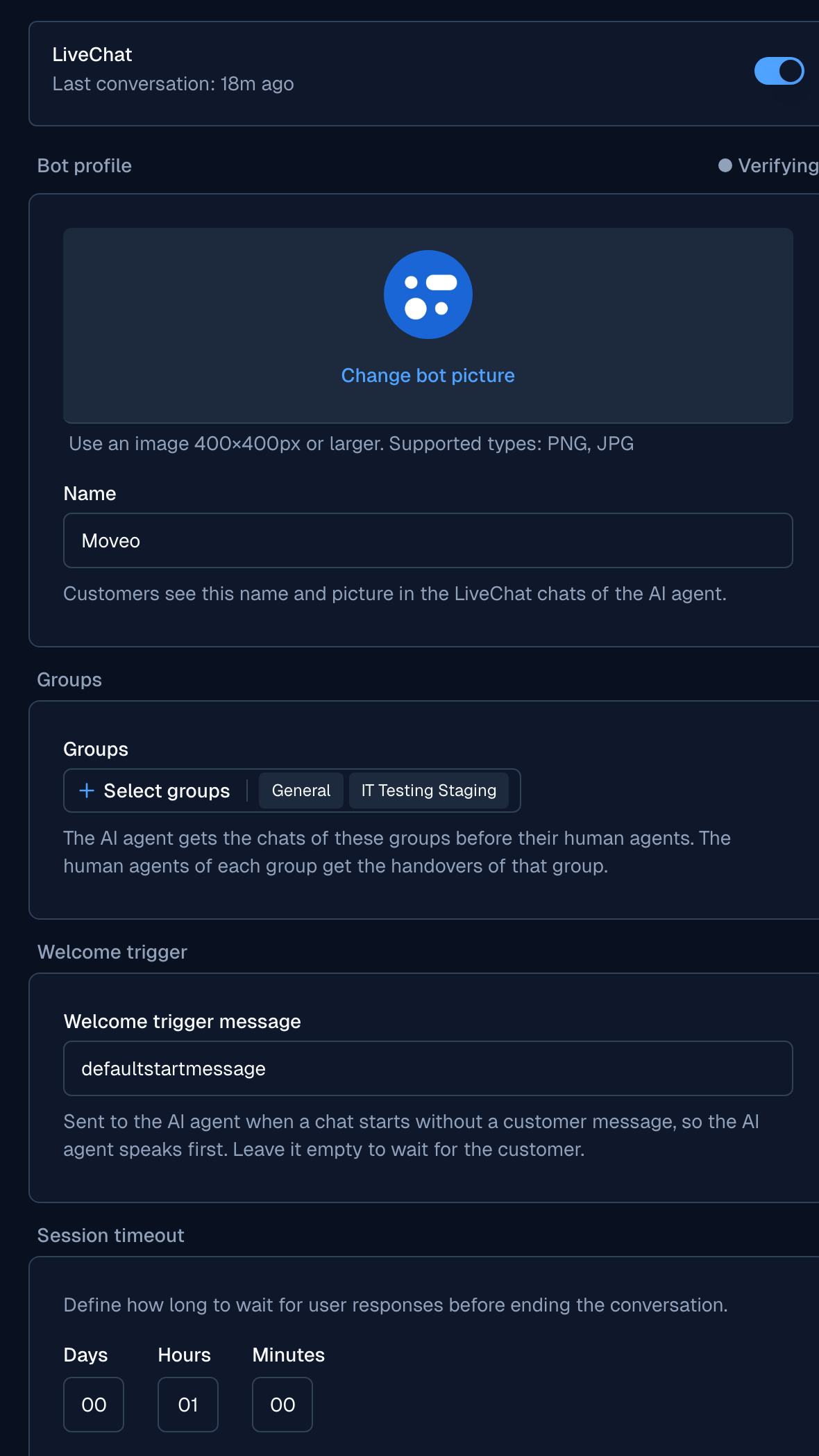 LiveChat integration settings in Moveo, with the Bot profile, Groups, Welcome trigger and Session timeout cards