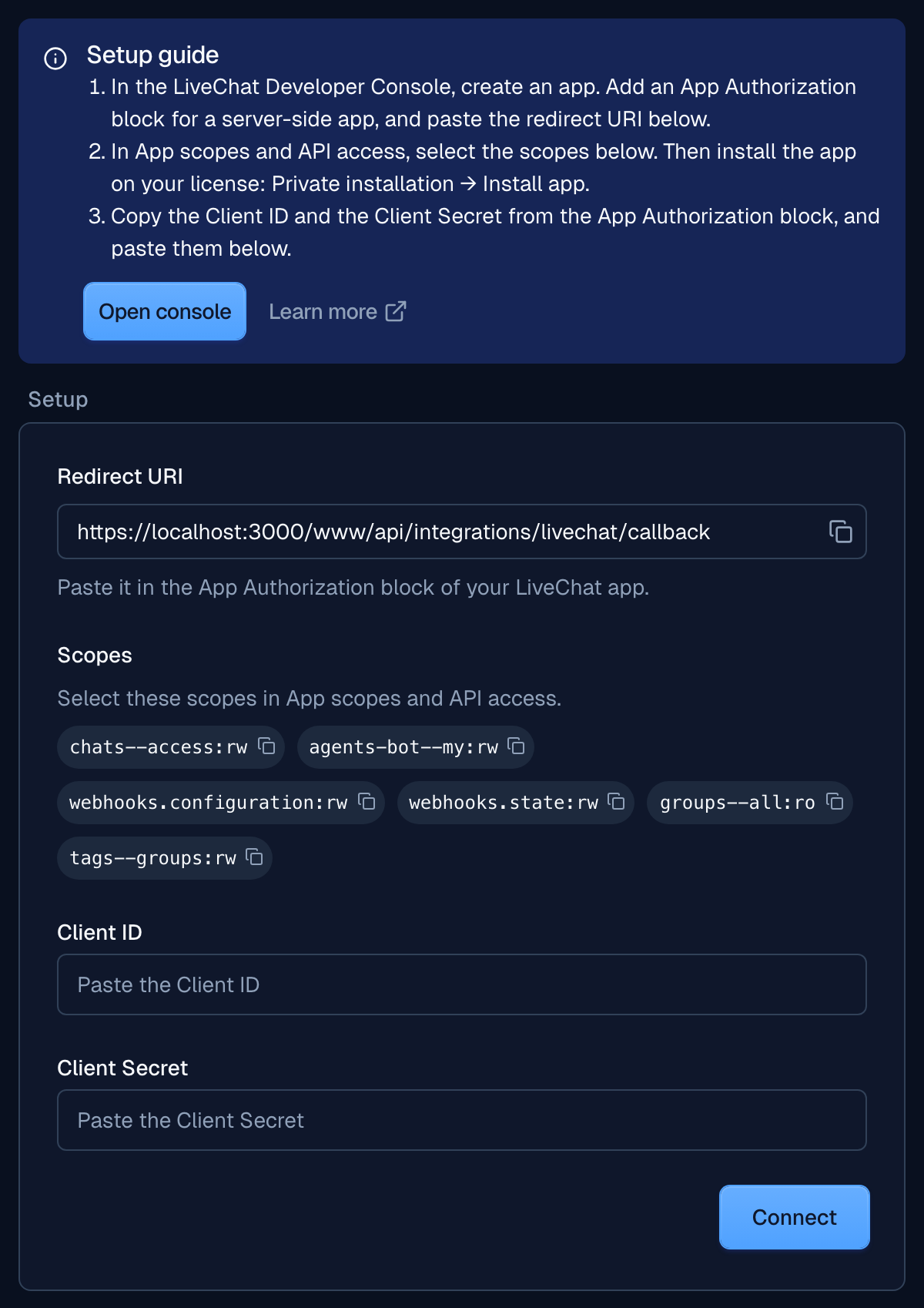 LiveChat setup page in Moveo, with the setup guide, the redirect URI, the scopes, and the Client ID and Client Secret fields