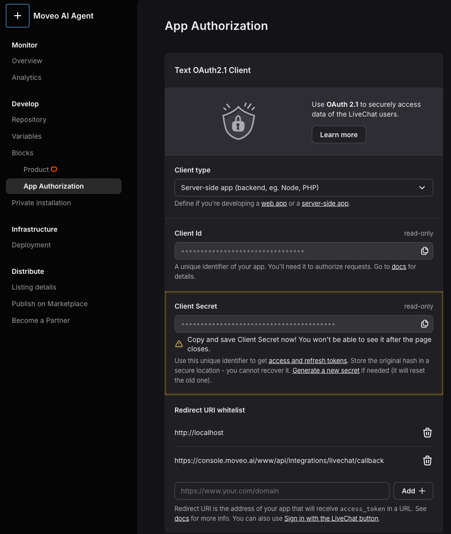 App Authorization page with the Server-side app client type, the Client Id and Client Secret fields, and the Moveo redirect URI in the whitelist