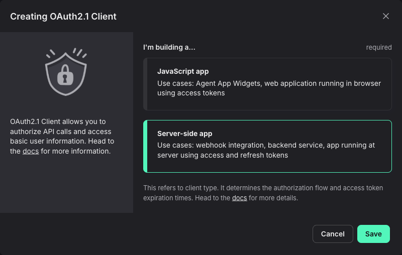 Creating OAuth2.1 Client dialog with Server-side app selected