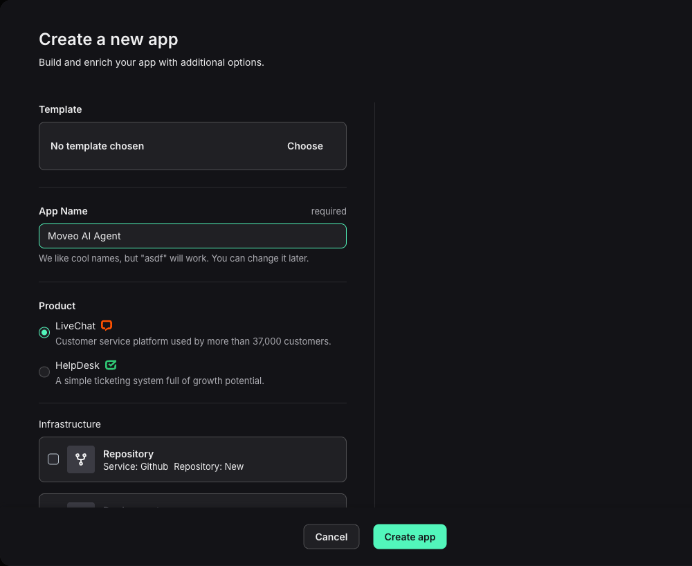 Create a new app form in the LiveChat Developer Console, with the app name Moveo AI Agent and the LiveChat product selected