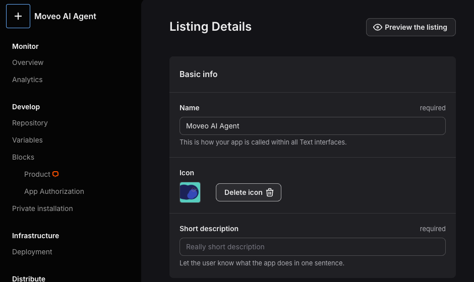 Listing Details page with an app icon set