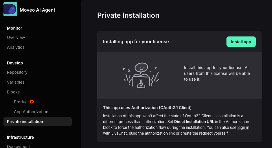 Private Installation page with the Install app button