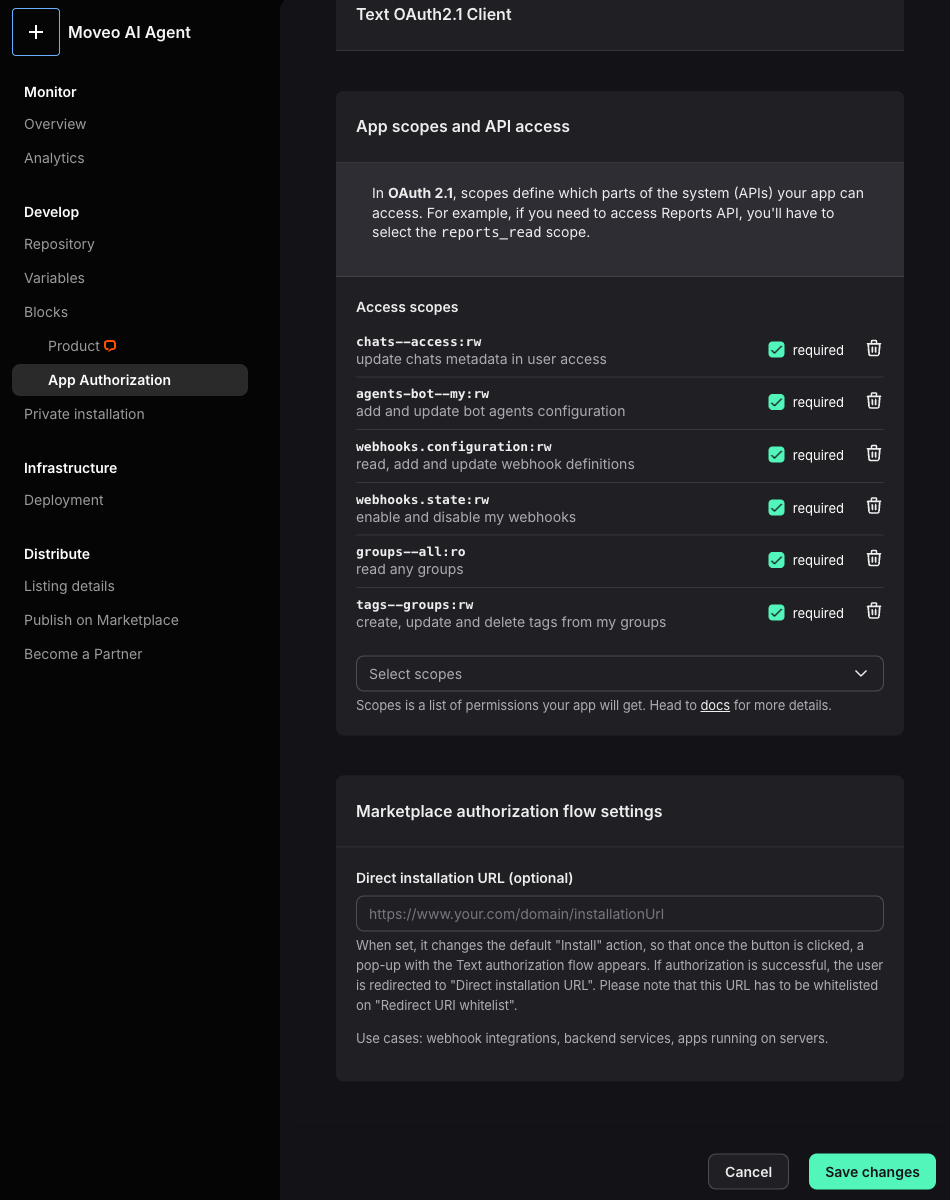 App scopes and API access section with the six scopes that Moveo needs