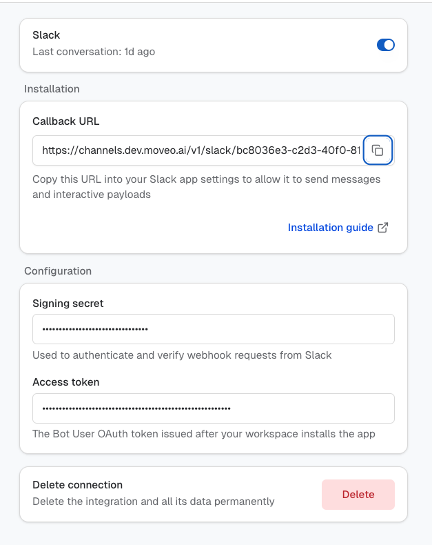 Enter Slack credentials and copy callback URL in Moveo