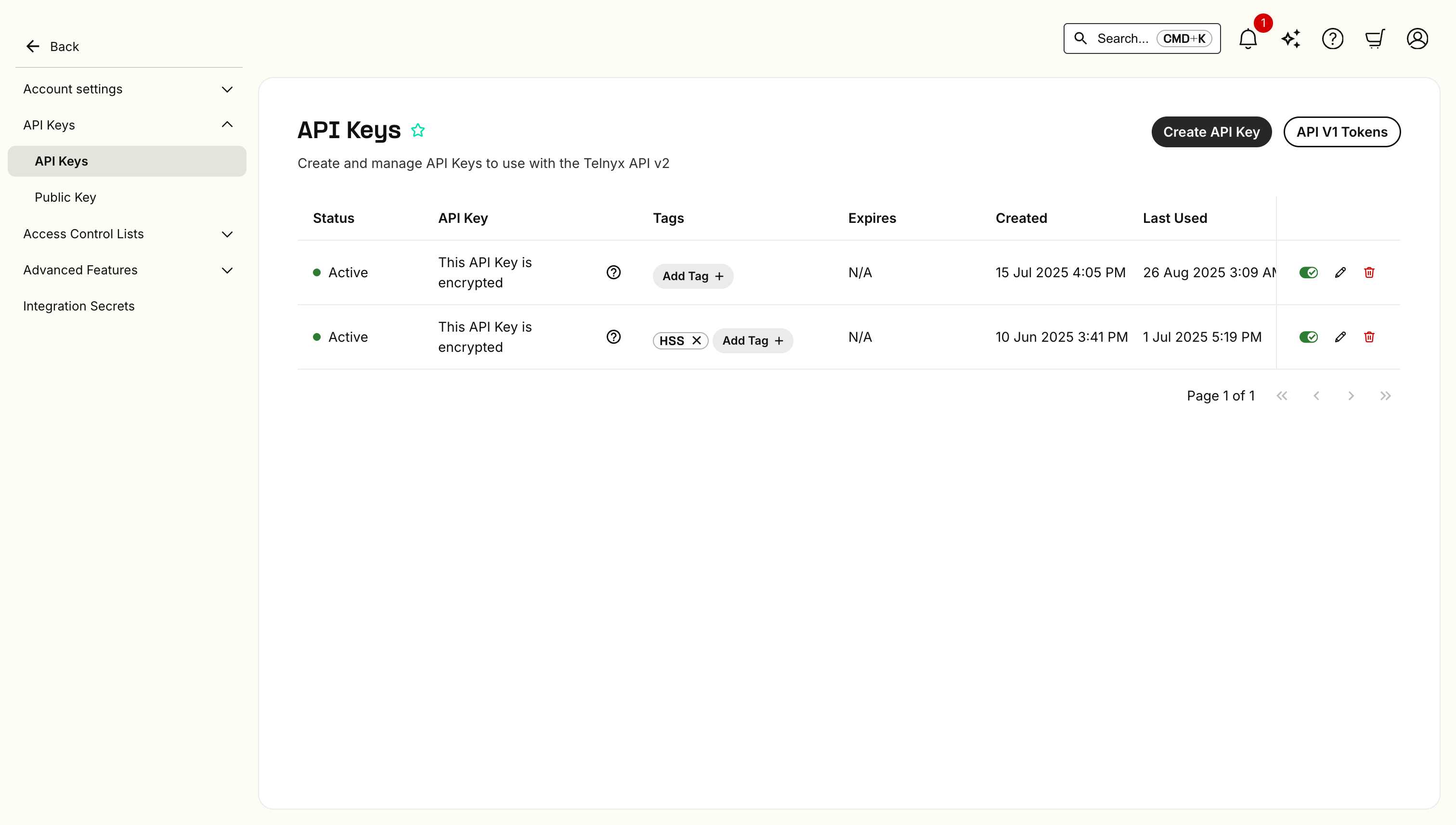 Telnyx portal API Keys page, with API Keys and Public Key in the side navigation and the Create API Key button