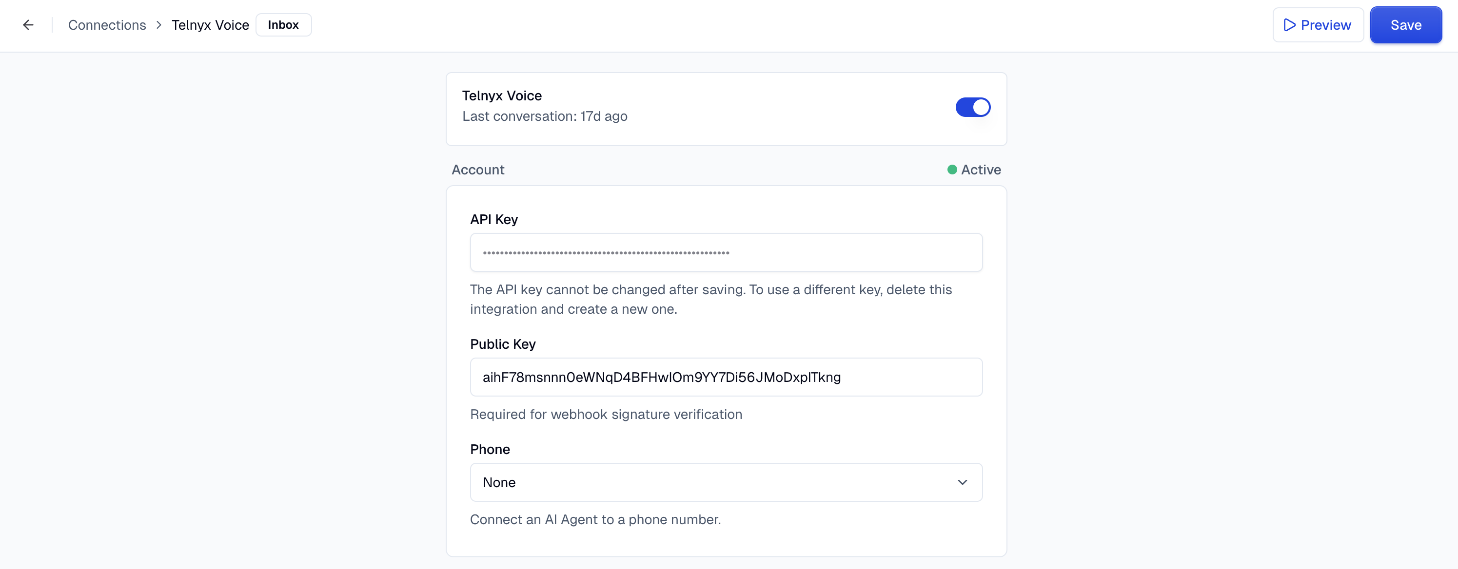 Telnyx Voice configuration panel in Moveo, showing the API Key, Public Key, and Phone fields