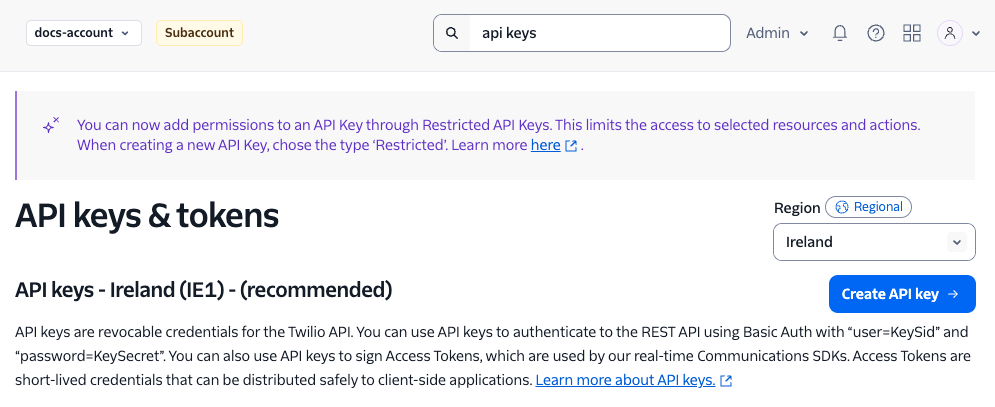 Twilio API keys page with region dropdown