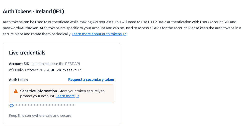 Twilio Account SID and Auth Token for the selected region